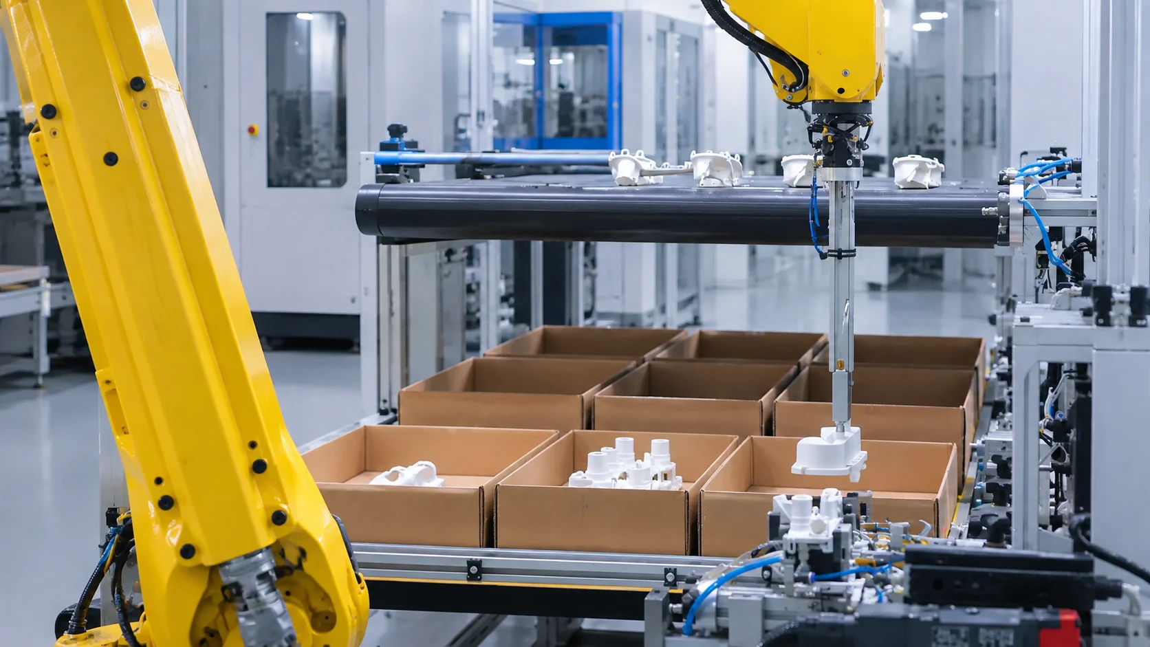 Robotic arm packing freshly molded plastic parts into cartons