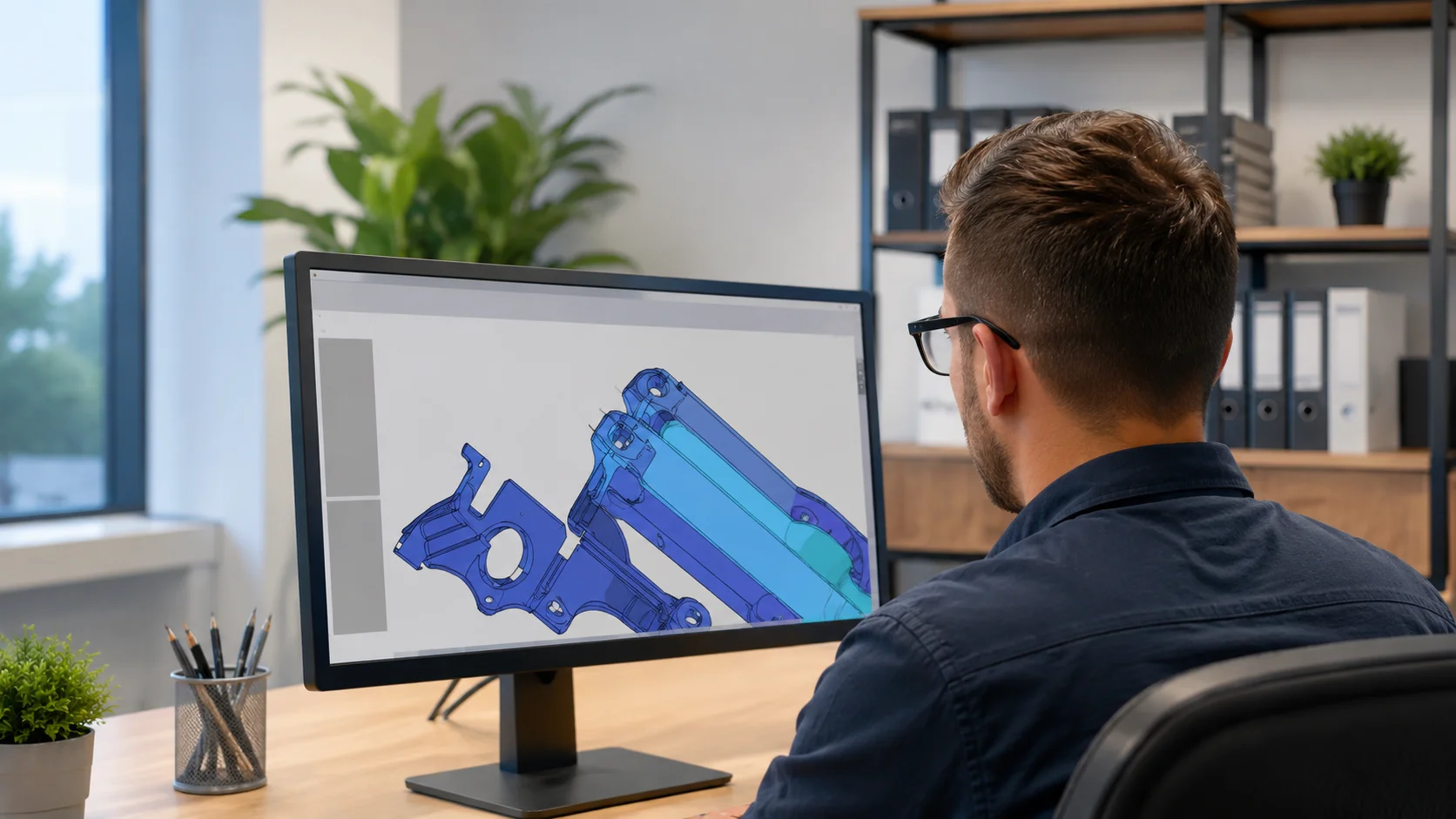 Engineer reviewing a 3D CAD model of a molded bracket assembly on screen