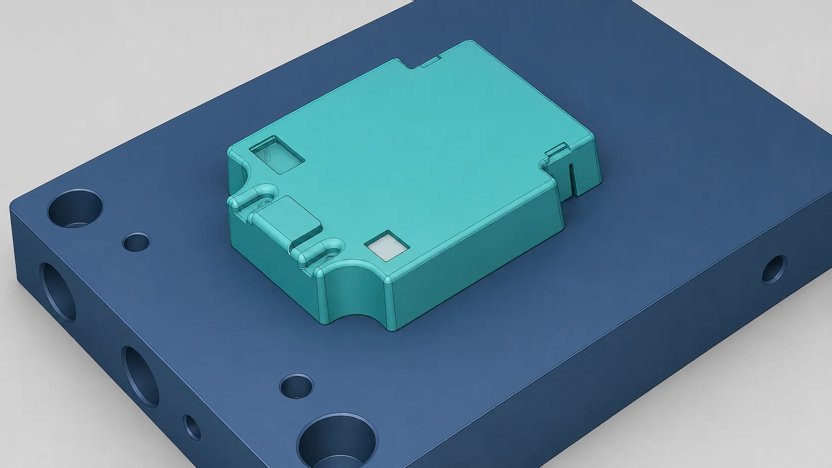 CAD render of a plastic housing seated on its mold plate