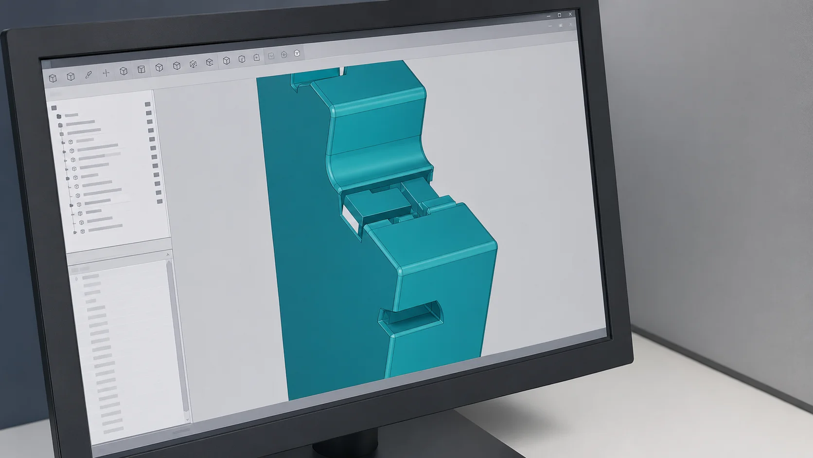 CAD model of a molded enclosure wall with a recessed grip feature under review