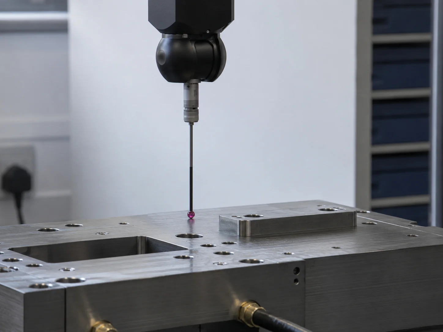 CMM ruby probe touching down on a machined mold plate during dimensional inspection