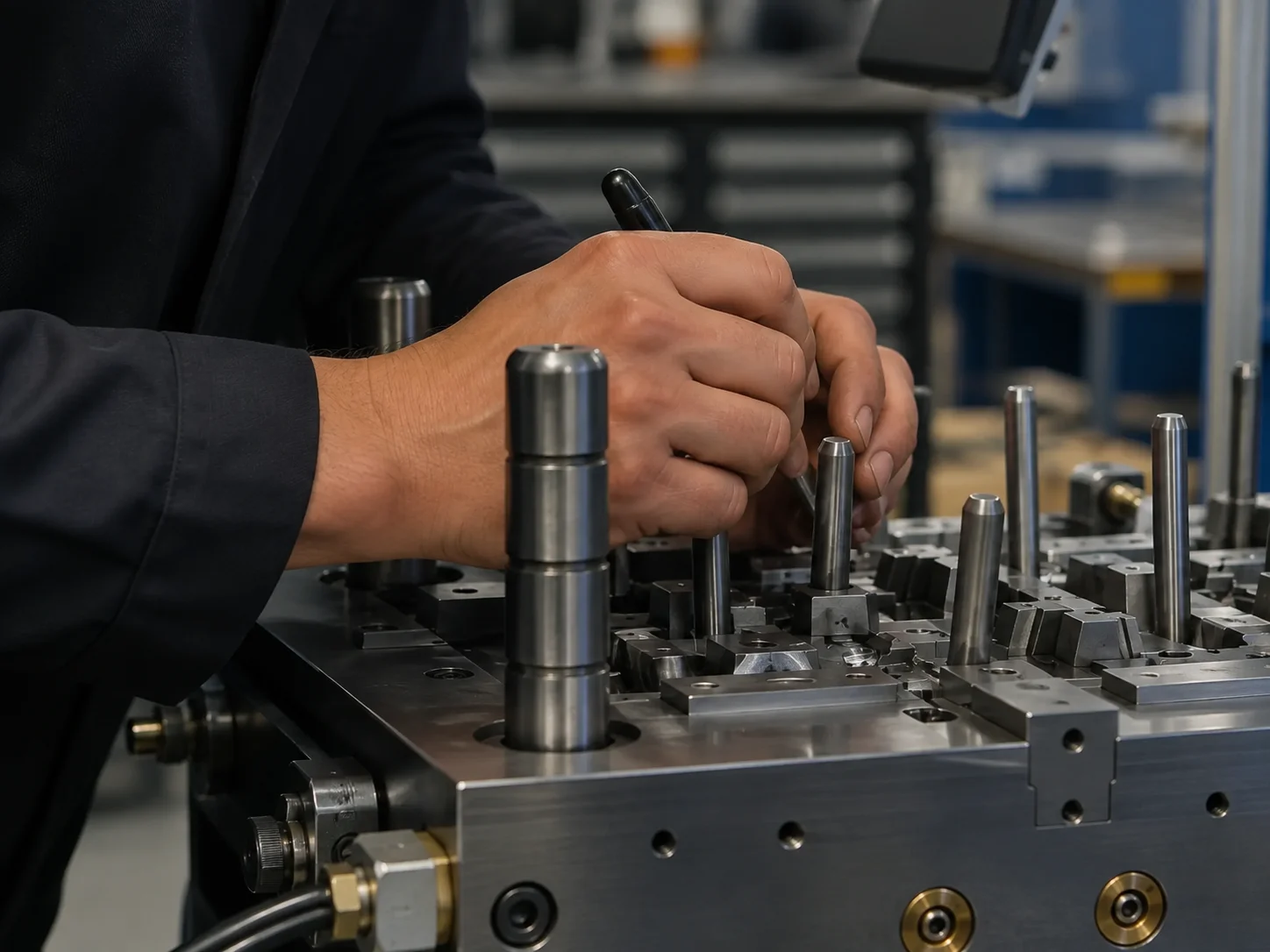 Toolmaker hand-fitting ejector pins and inserts on an open mold half